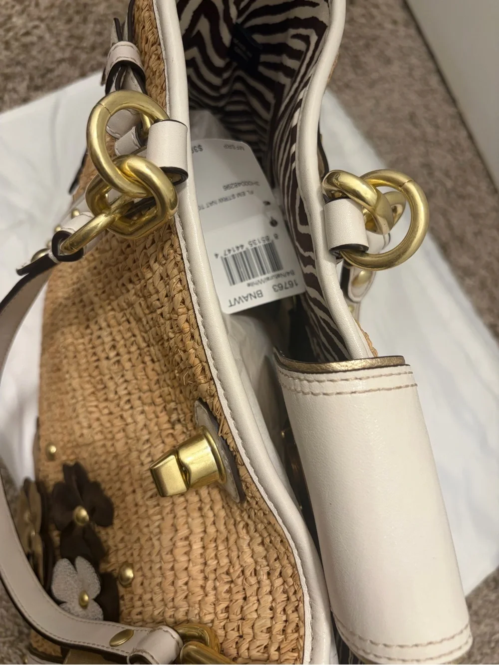 Coach Straw Tote with Floral Appliqués in Natural and White NWT
